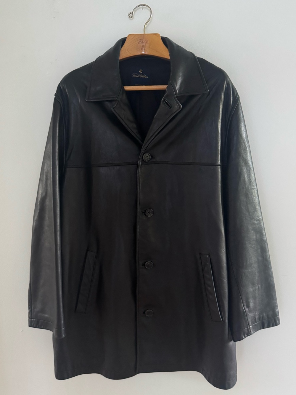 Brooks Brother Mens Black Leather Car Coat Classic Quiet Luxury Like New - L